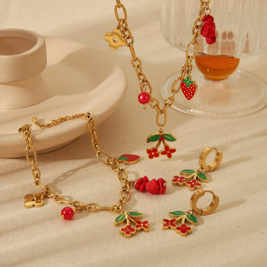 Jewelry Cute Sweet Cherry Strawberry 304 Stainless Steel 18K Gold Plated Epoxy Plating Bracelets Earrings Necklace - CEJEW