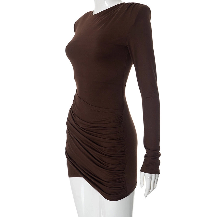 Women's Sheath Dress Sexy Round Neck Pleated Long Sleeve Solid Color Above Knee Holiday Banquet