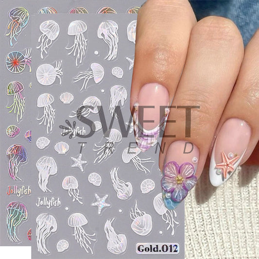 New Nail Art Stickers  Ocean Style Series Jellyfish Starfish Shell Micro-relief Nail Adhesive Stickers