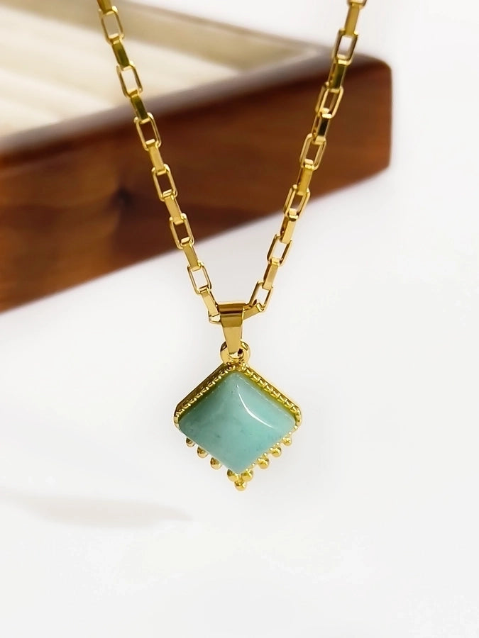 Jewelry Retro Classic Style Rhombus 316L Stainless Steel  Natural Stone 18K Gold Plated Irregular Inlay Pendant Necklace