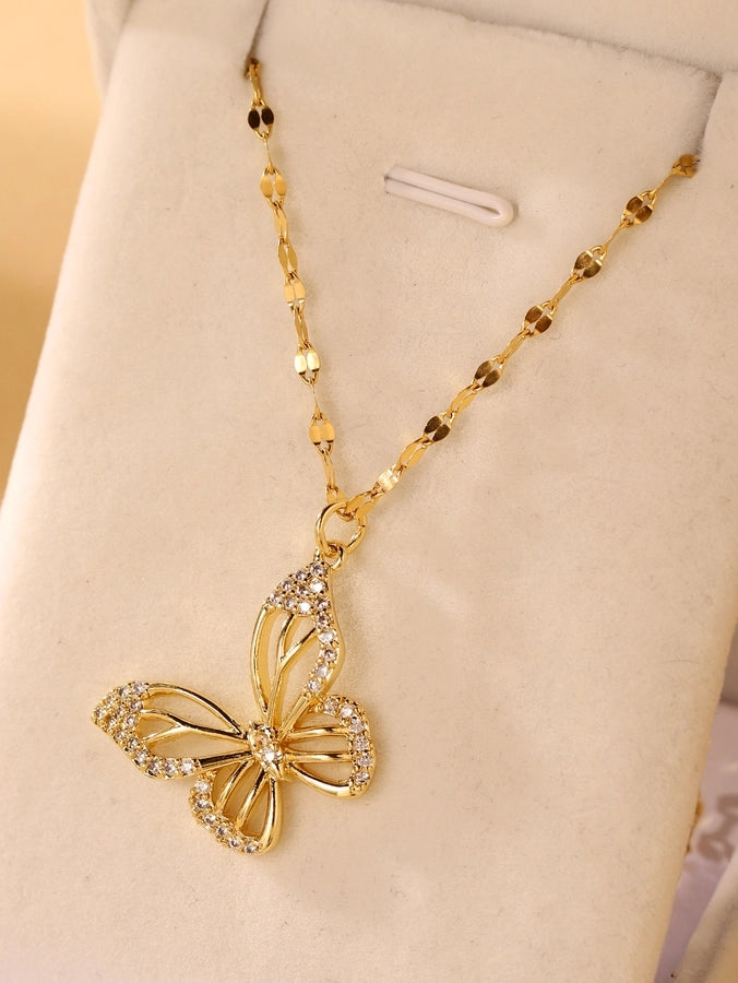 Jewelry Elegant Butterfly Stainless Steel Zircon Plating Inlay Necklace