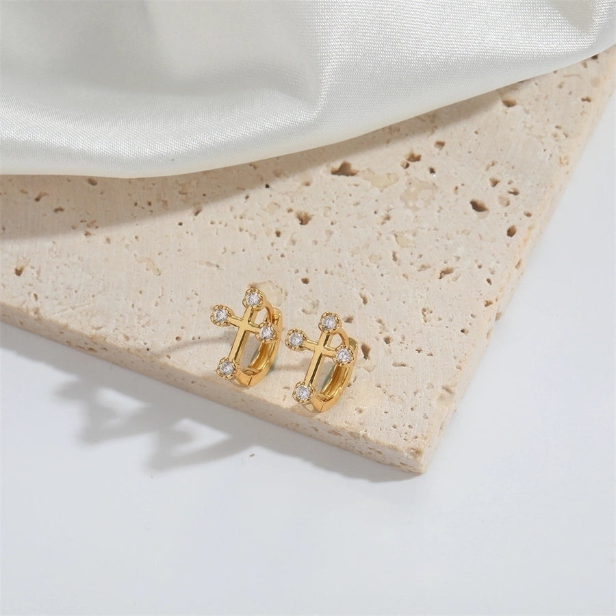 1 Pair Elegant Simple Style Commute Cross Inlay Copper Zircon 14K Gold Plated Earrings