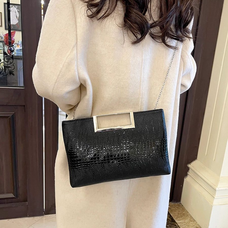 Black Silver Gold Pu Leather Solid Color Square Evening Bags