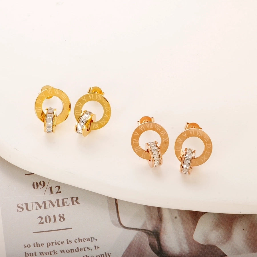 1 Pair Hip-Hop Simple Style Commute Circle Roman Numeral Inlay 304 Stainless Steel Zircon Ear Studs - CEJEW