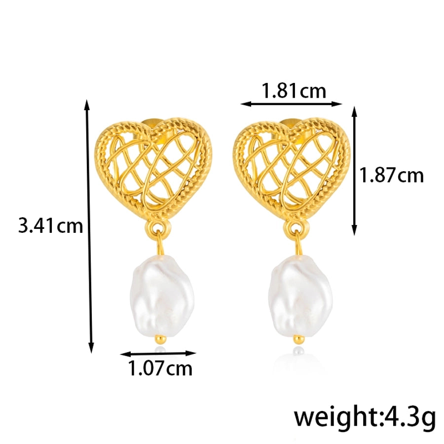 1 Pair Vintage Style French Style Simple Style Heart Shape Flower Hollow Out Inlay 304 Stainless Steel Pearl Drop Earrings Ear Studs