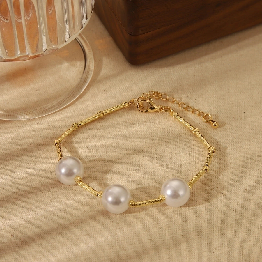 Jewelry Elegant Heart Shape Copper 18K Gold Plated Beaded Imitation Pearl Plating Bracelets