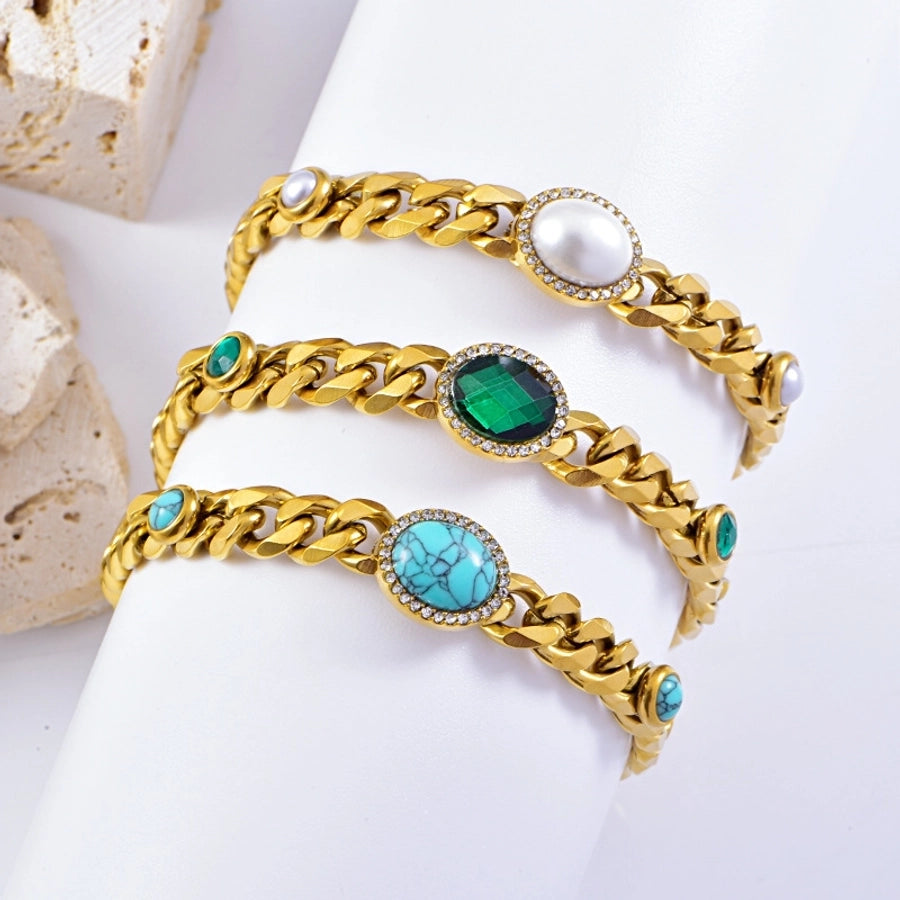 Hip-Hop Exaggerated Oval Titanium Steel Gold Plated Turquoise Rhinestones Pearl Bracelets In Bulk