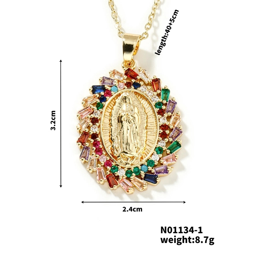 Jewelry Vintage Style Classic Style Geometric Round Virgin Mary 304 Stainless Steel Copper Zircon K Gold Plated Inlay Pendant Necklace - CEJEW