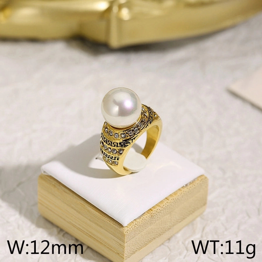 Jewelry Elegant Retro Geometric Titanium Steel Artificial Pearls Rhinestones 18K Gold Plated Plating Inlay Rings