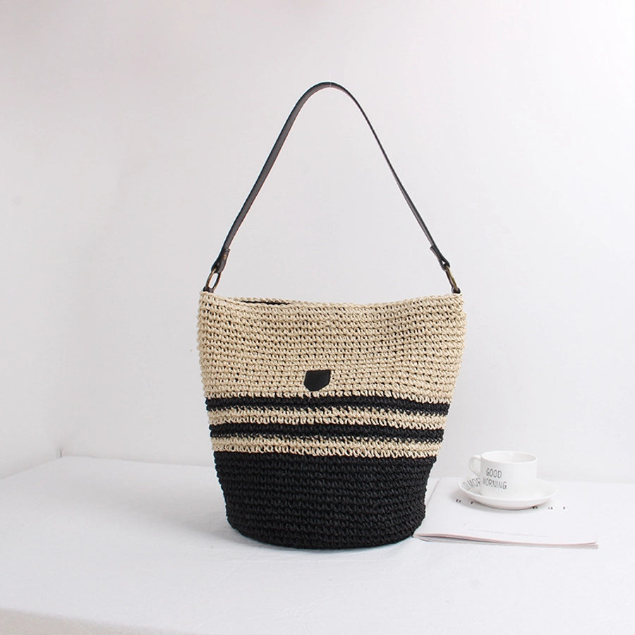 Women's Straw Stripe Vacation Weave Bucket Magnetic Buckle Shoulder Bag