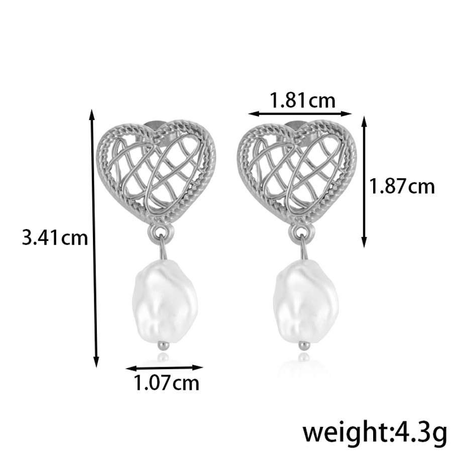 1 Pair Vintage Style French Style Simple Style Heart Shape Flower Hollow Out Inlay 304 Stainless Steel Pearl Drop Earrings Ear Studs