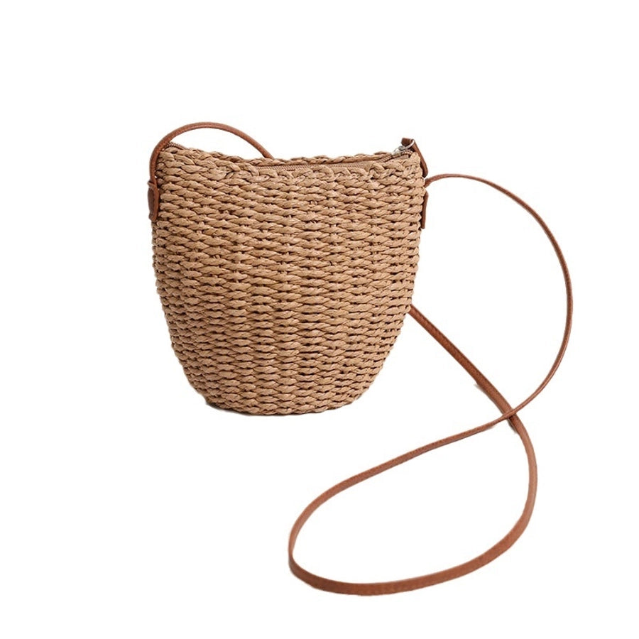 Women's Straw Solid Color Vacation Weave Bucket Zipper Crossbody Bag