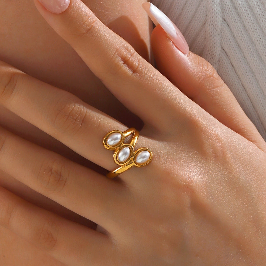 Jewelry Vintage Style Geometric 304 Stainless Steel Artificial Pearls 18K Gold Plated Inlay Open Rings