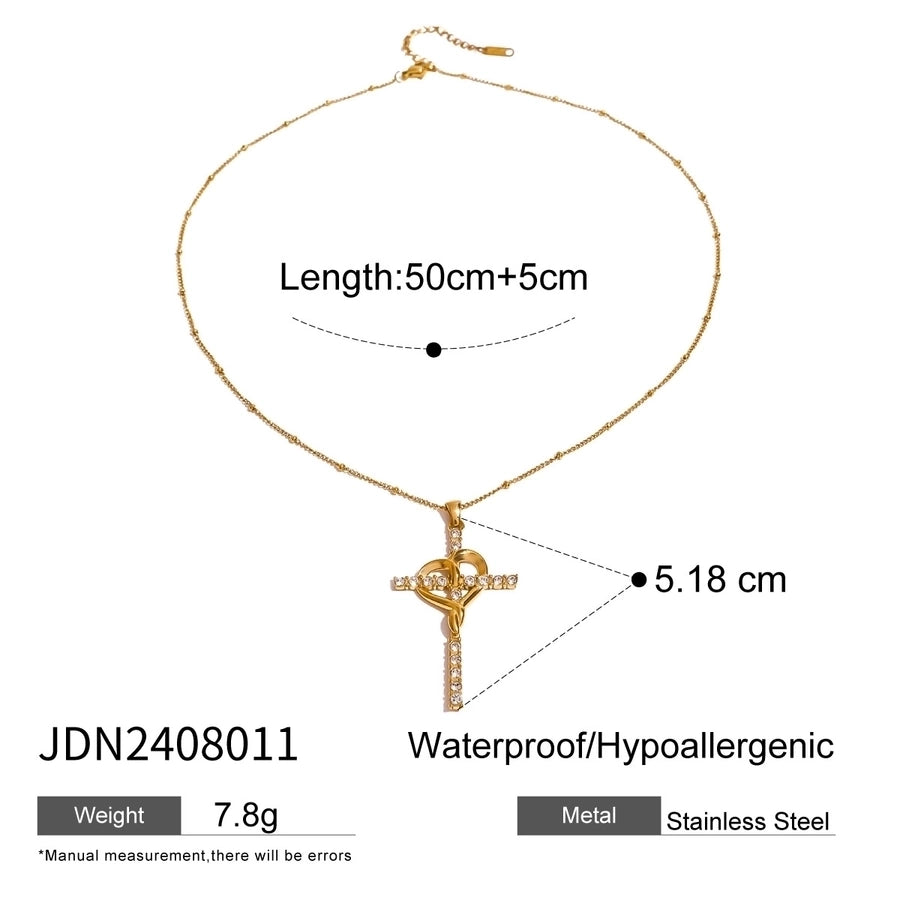 Jewelry Simple Style Classic Style Cross 304 Stainless Steel Natural Stone Rhinestones Zircon 18K Gold Plated Pendant Necklace