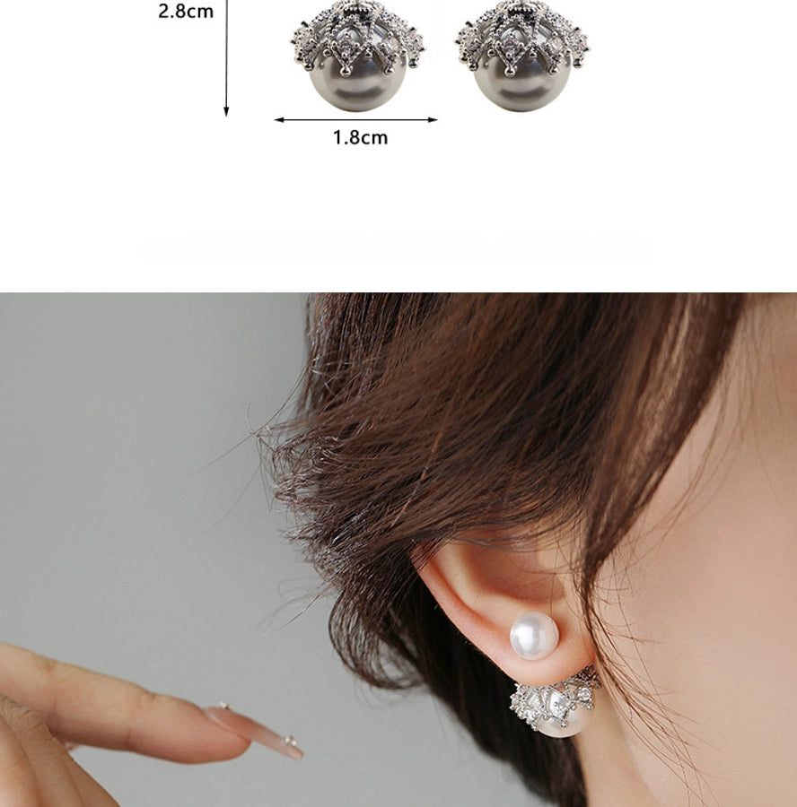 front and rear wear crown bead earrings high-grade light luxury earrings French personalized design silver needle earrings