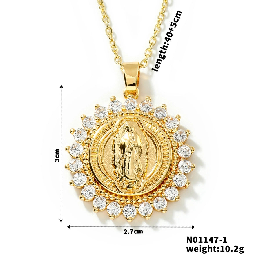 Jewelry Vintage Style Virgin Mary Oval Heart Shape 304 Stainless Steel Copper Zircon K Gold Plated Inlay Pendant Necklace