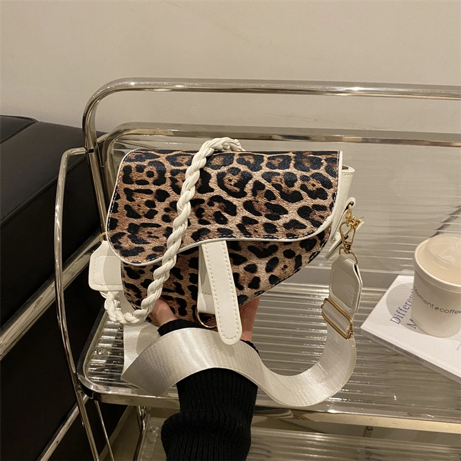 Women's Medium Pu Leather Leopard Streetwear Square Magnetic Buckle Saddle Bag