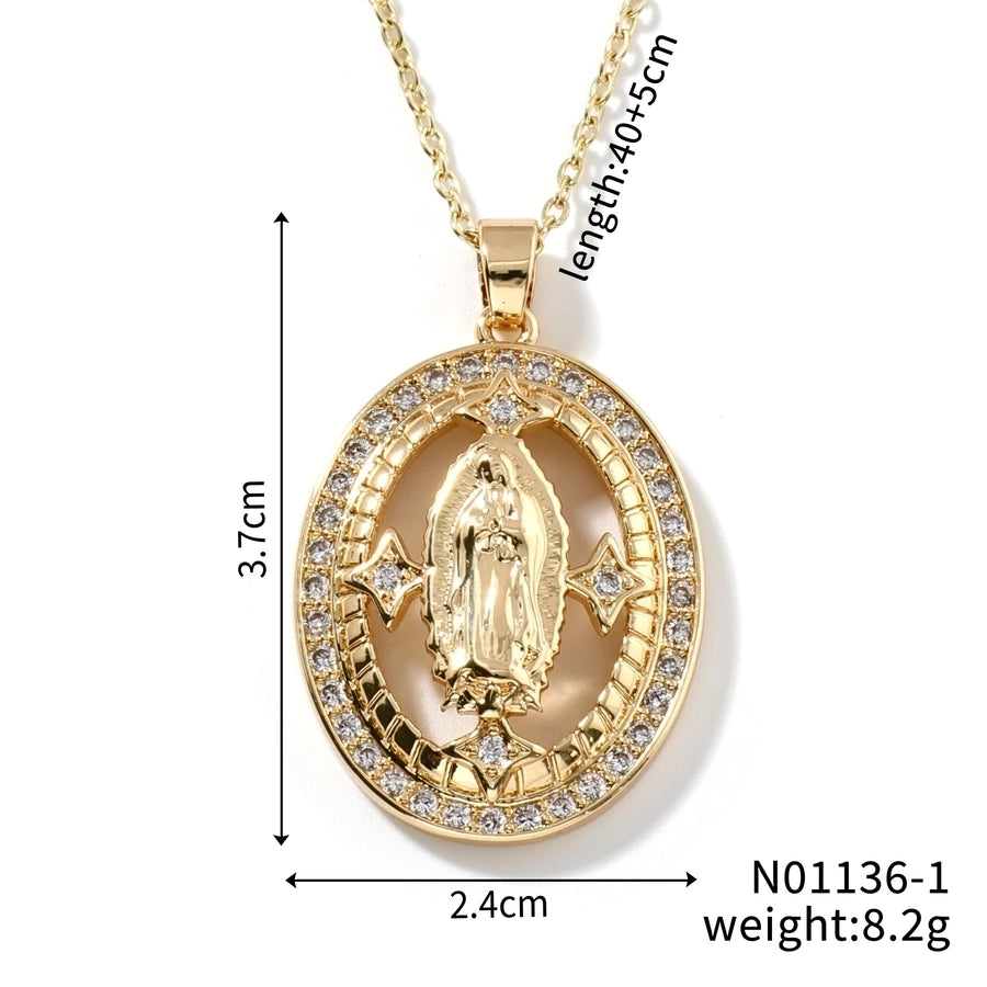 Jewelry Vintage Style Classic Style Geometric Round Virgin Mary 304 Stainless Steel Copper Zircon K Gold Plated Inlay Pendant Necklace - CEJEW