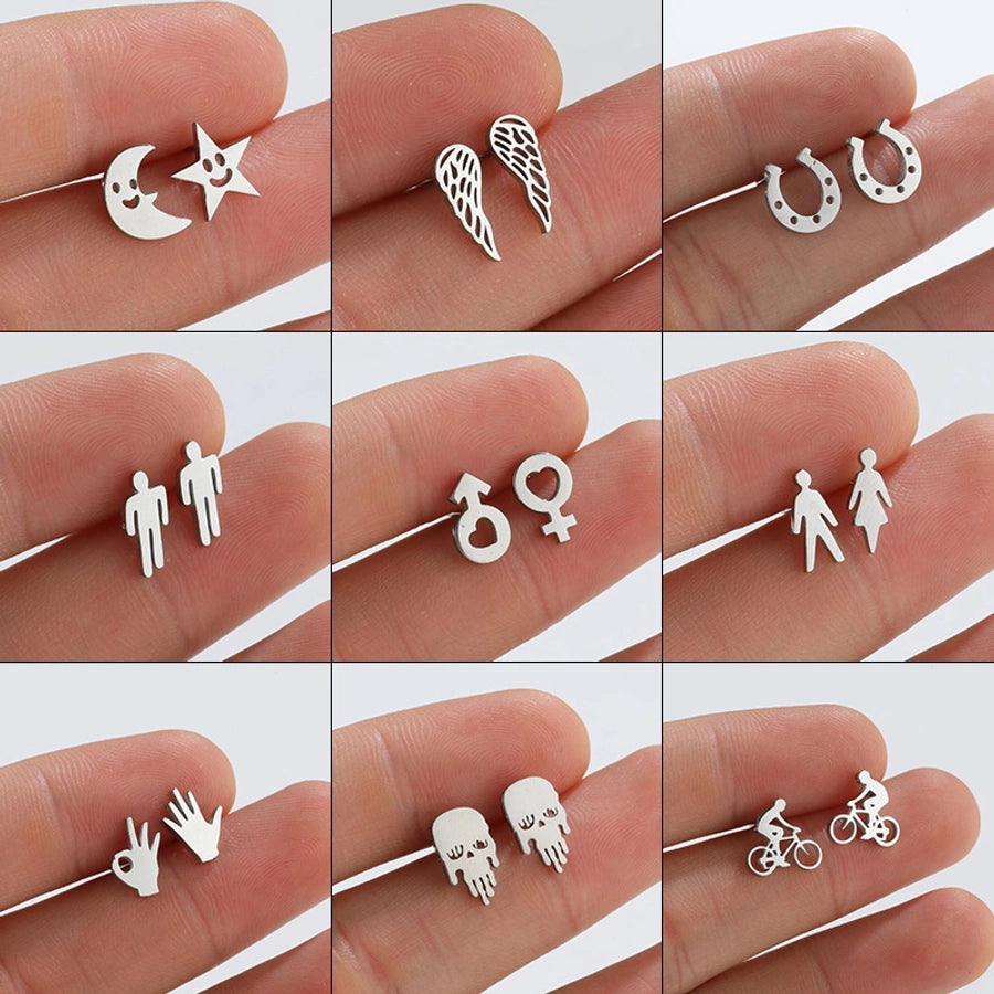 1 pair fashion star moon wings titanium steel asymmetrical plating hollow out ear studs - CEJEW