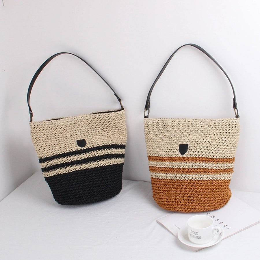 Women's Straw Stripe Vacation Weave Bucket Magnetic Buckle Shoulder Bag