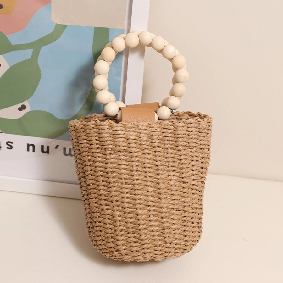 Women's Straw Solid Color Vacation Beading Weave Bucket String Handbag