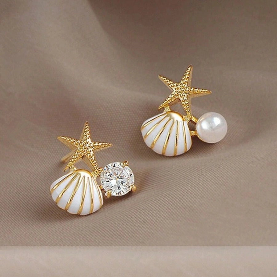 1 Pair Beach Sweet Starfish Shell Enamel Plating Inlay Alloy Pearl Zircon Gold Plated Ear Studs