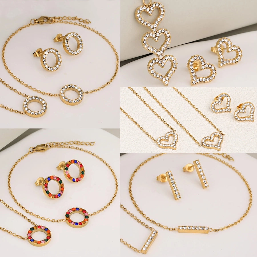 Jewelry Luxurious Shiny Korean Style Circle Heart Shape 304 Stainless Steel Rhinestones 18K Gold Plated Polishing Plating Inlay Jewelry Set