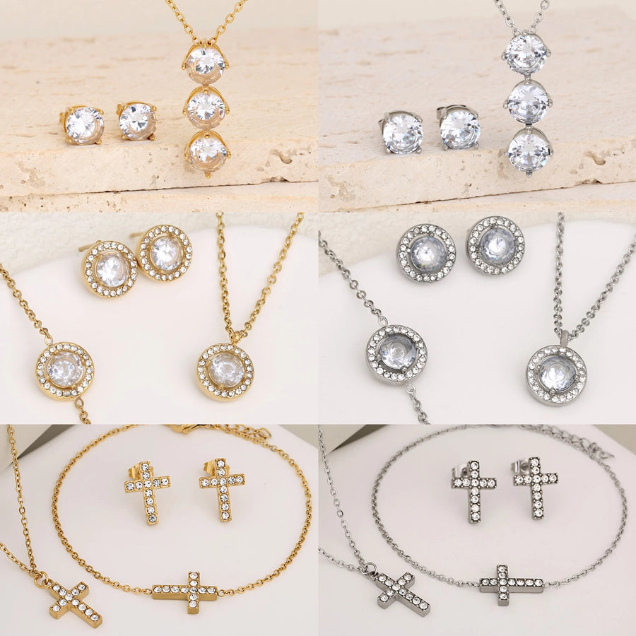 Jewelry Luxurious Classic Style Shiny Cross Round 304 Stainless Steel Rhinestones 18K Gold Plated Inlay Jewelry Set