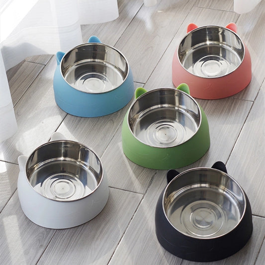 Stainless Steel Cat Dog Dual Bowl Slanted Mouth Protects Vertebras Pet Food Bowl Cat Supplies Trendy Double Neck Protection