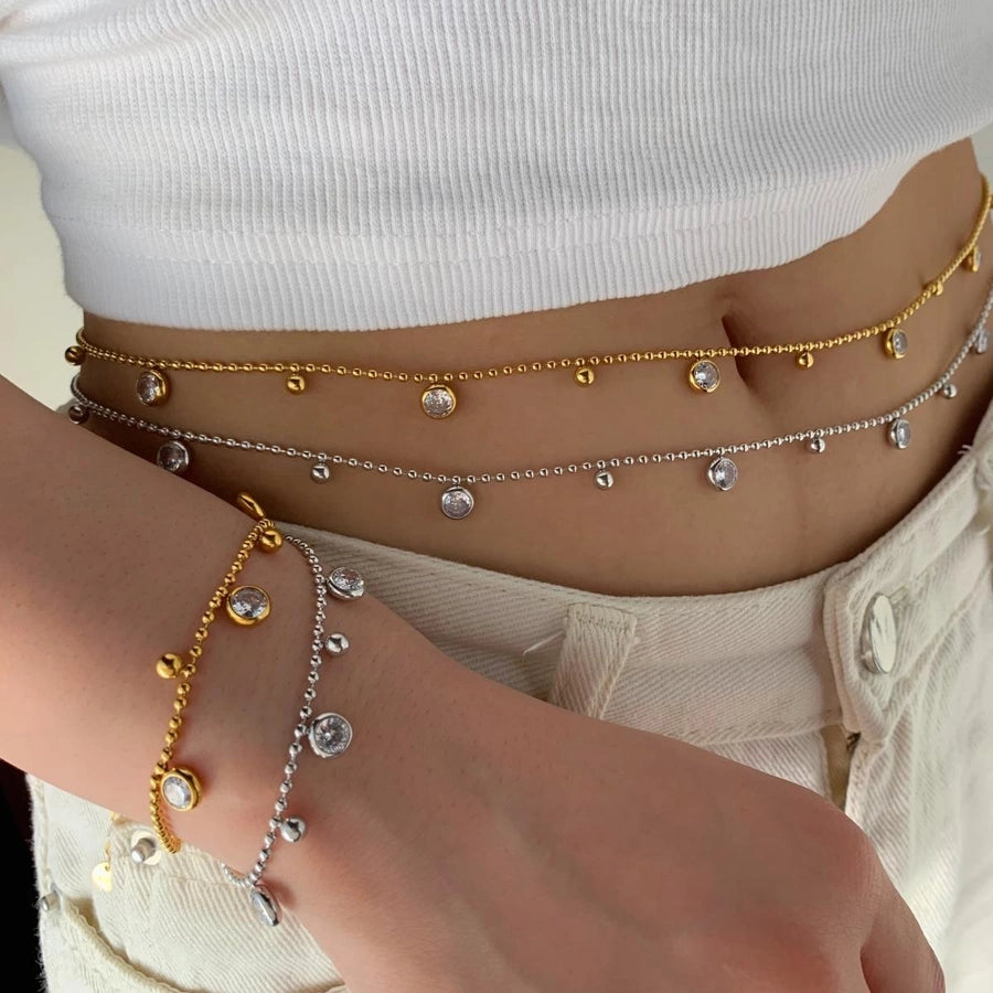 304 Stainless Steel 16K Gold Plated White Gold Plated Gold Plated Lady Vacation Streetwear Inlay Geometric Zircon Bracelets Waist Chain Necklace - CEJEW