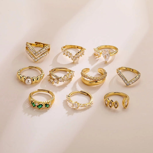 elegant luxurious shiny v shape copper plating inlay zircon 18k gold plated open rings