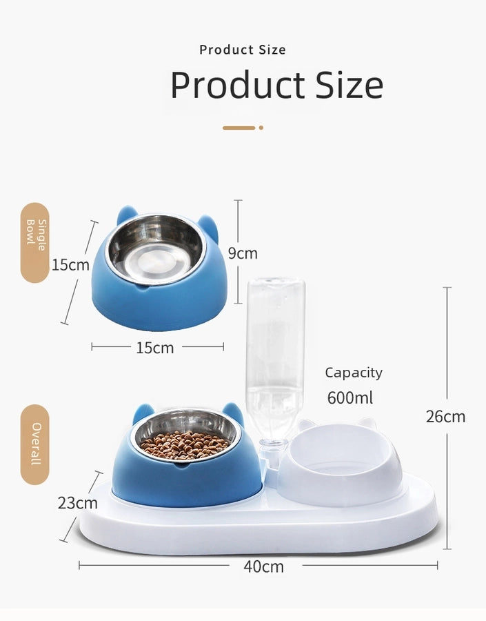 Stainless Steel Cat Dog Dual Bowl Slanted Mouth Protects Vertebras Pet Food Bowl Cat Supplies Trendy Double Neck Protection