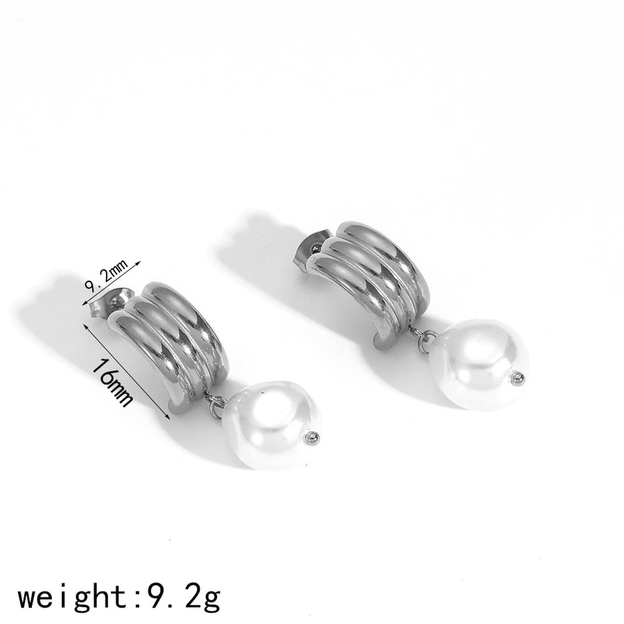 1 Pair Retro French Style C Shape Polishing Plating Inlay 304 Stainless Steel Pearl 18K Gold Plated Ear Studs