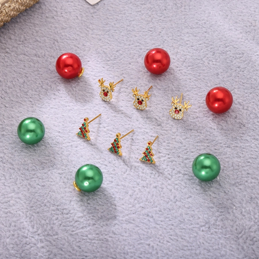 1 Pair Cute Christmas Tree Elk Plating Inlay 304 Stainless Steel Zircon 18K Gold Plated Ear Studs