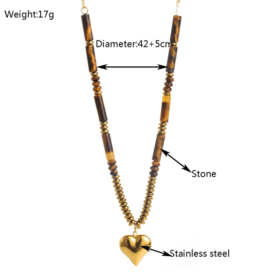 Jewelry Casual Classic Style Heart Shape 304 Stainless Steel Natural Stone Gold Plated Beaded Pendant Necklace