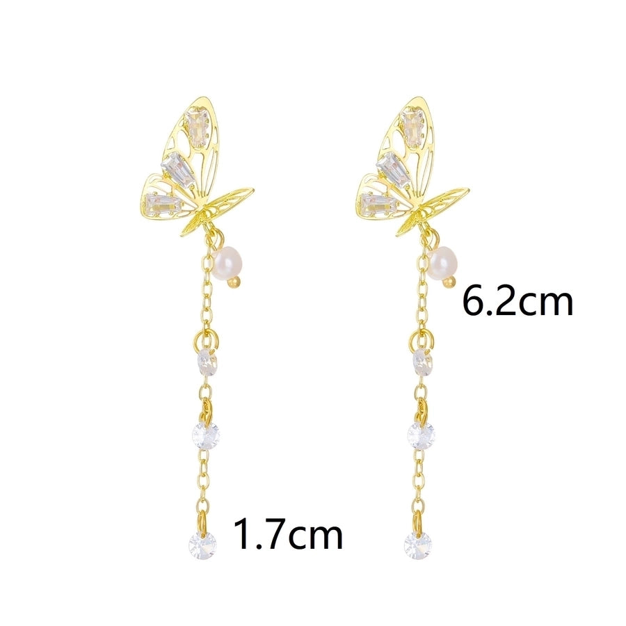 1 pair ig style japanese style tassel butterfly plating inlay imitation pearl alloy rhinestones 14k gold plated drop earrings