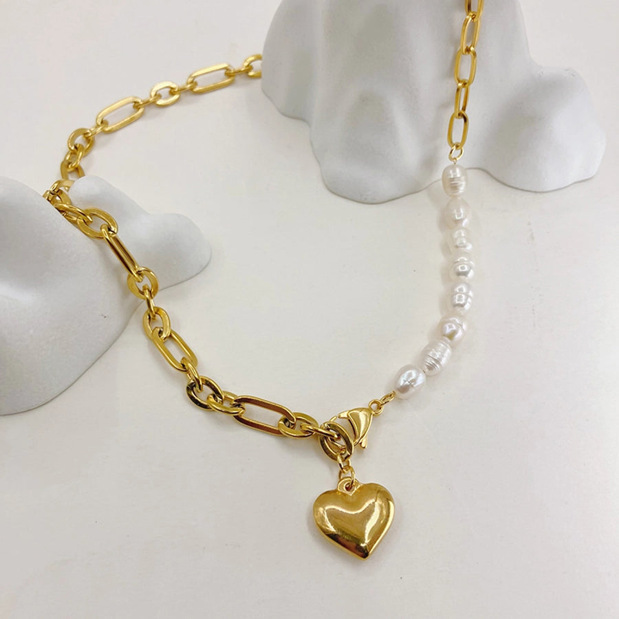 Jewelry Elegant Sweet Simple Style Heart Shape 304 Stainless Steel 14K Gold Plated Beaded Necklace