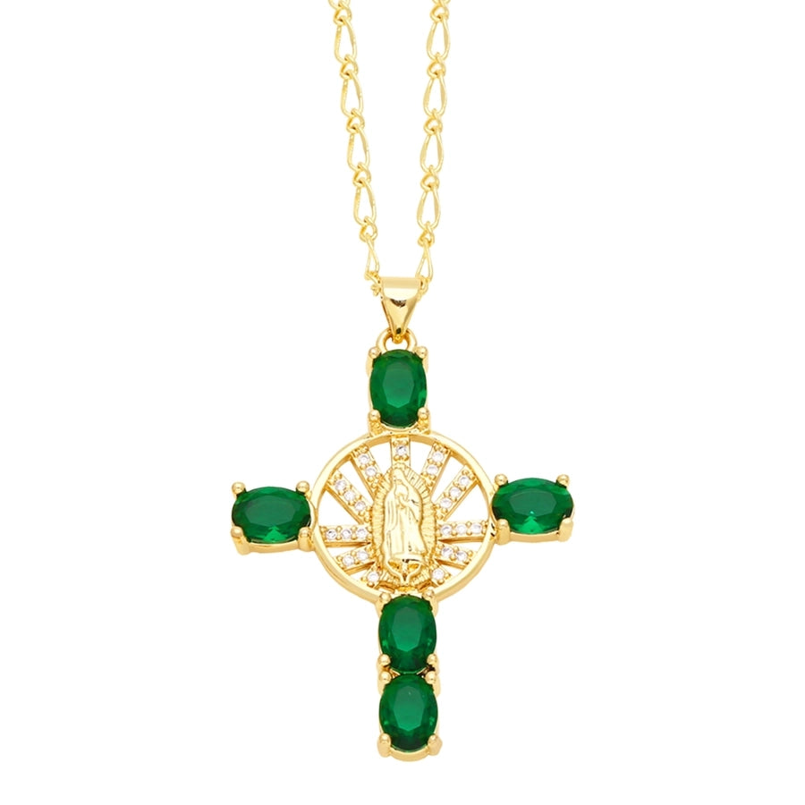 retro novelty cross virgin mary copper plating inlay zircon 18k gold plated pendant necklace