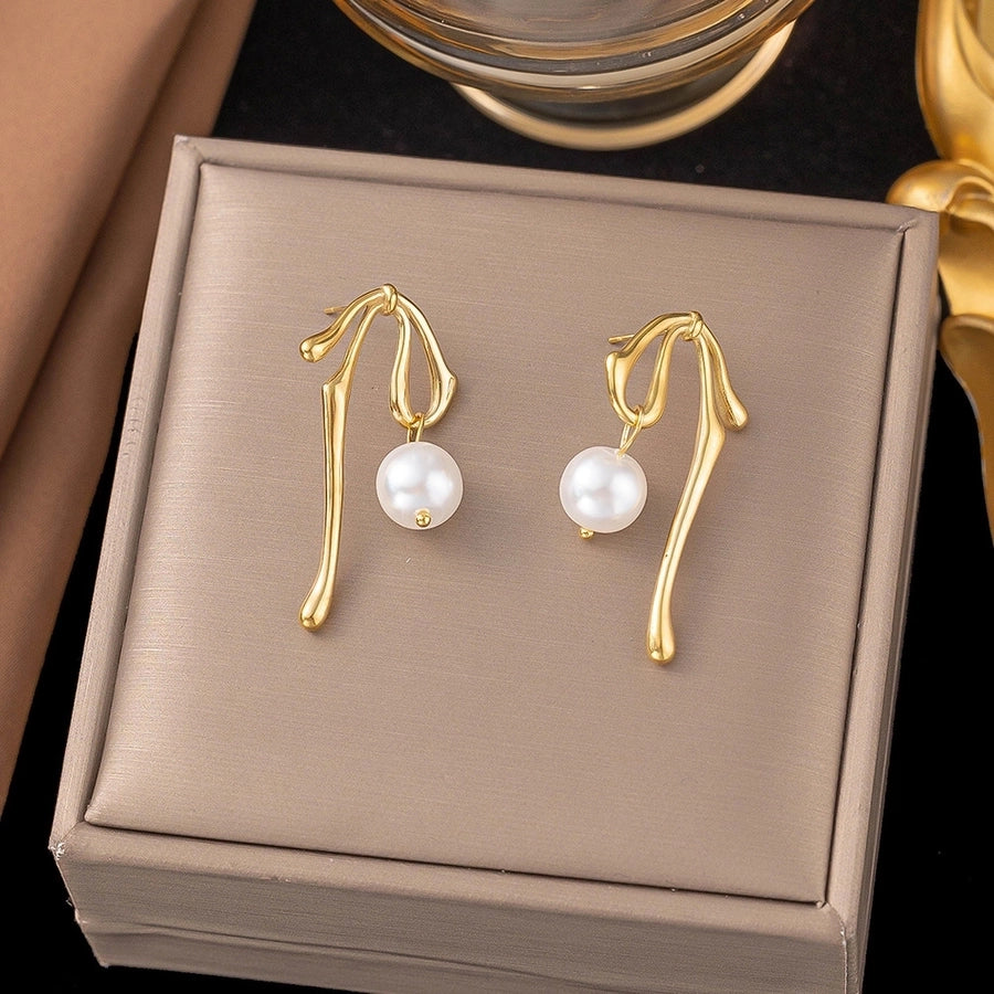 1 Pair Simple Style Bow Knot Shell Polishing Plating Inlay 304 Stainless Steel Pearl 18K Gold Plated Earrings Ear Studs