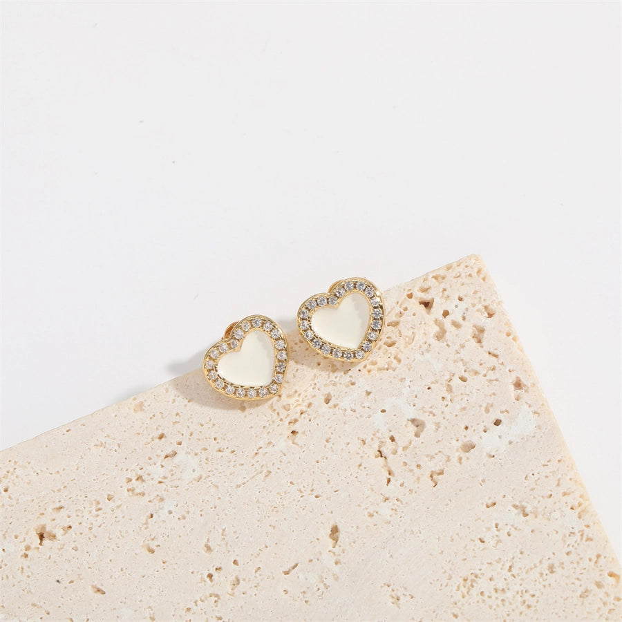 1 Pair Elegant Simple Style Commute Heart Shape Flower Enamel Inlay Copper Zircon 14K Gold Plated Ear Studs