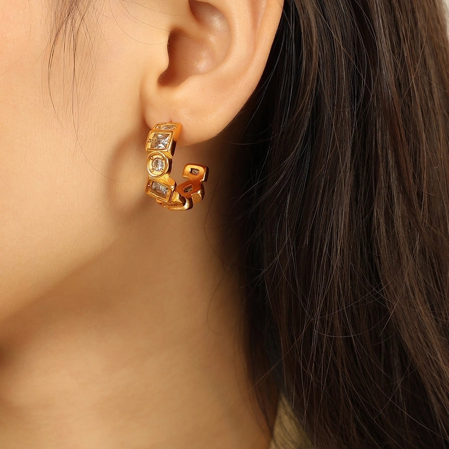 1 Pair IG Style Vintage Style C Shape Polishing Inlay 304 Stainless Steel Zircon 18K Gold Plated Ear Studs