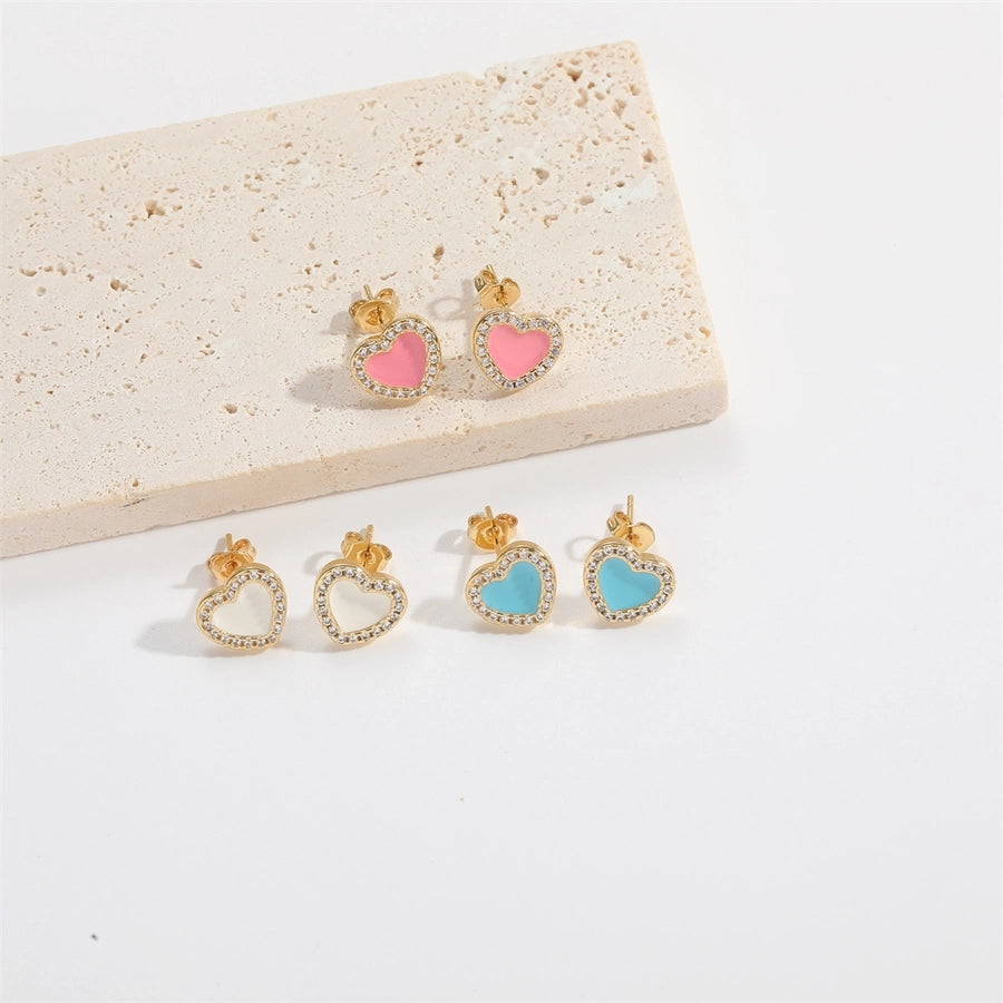 1 Pair Elegant Simple Style Commute Heart Shape Flower Enamel Inlay Copper Zircon 14K Gold Plated Ear Studs