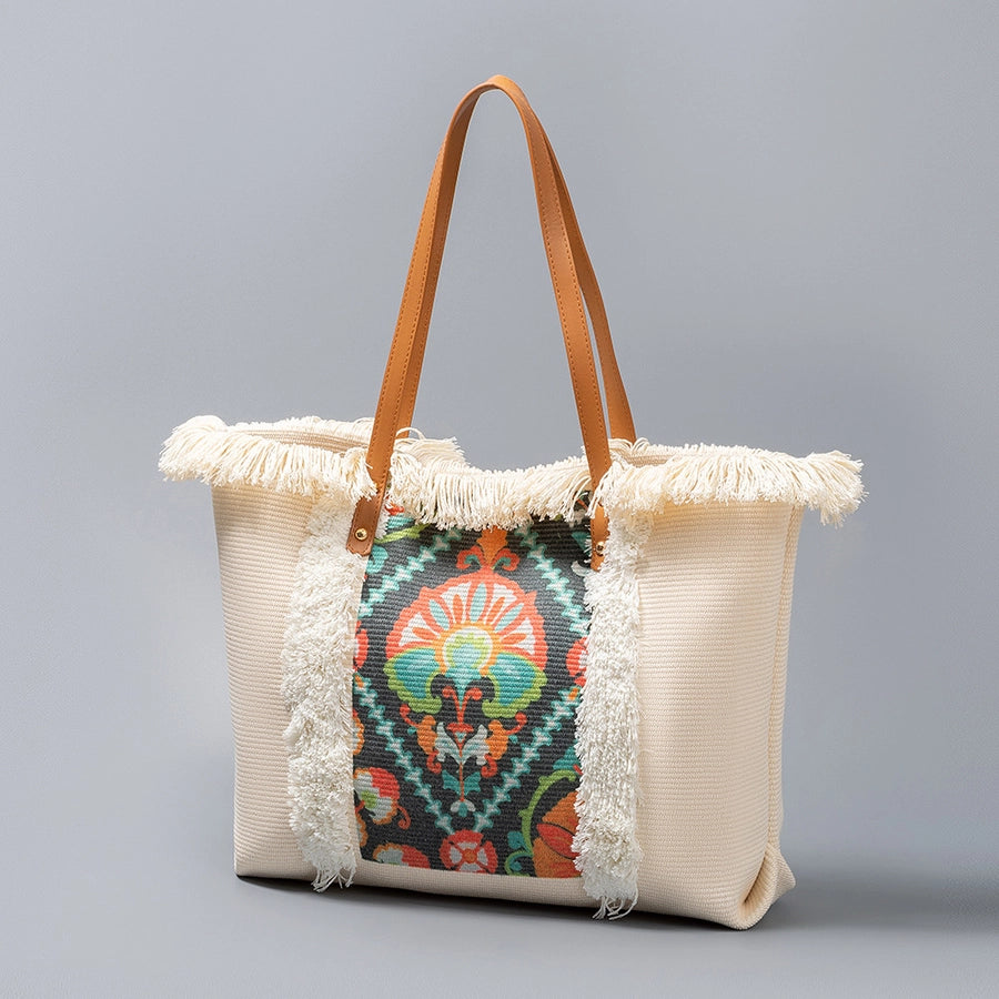 Women's Large Polyester Flower Elegant Streetwear Tassel Square Magnetic Buckle Tote Bag