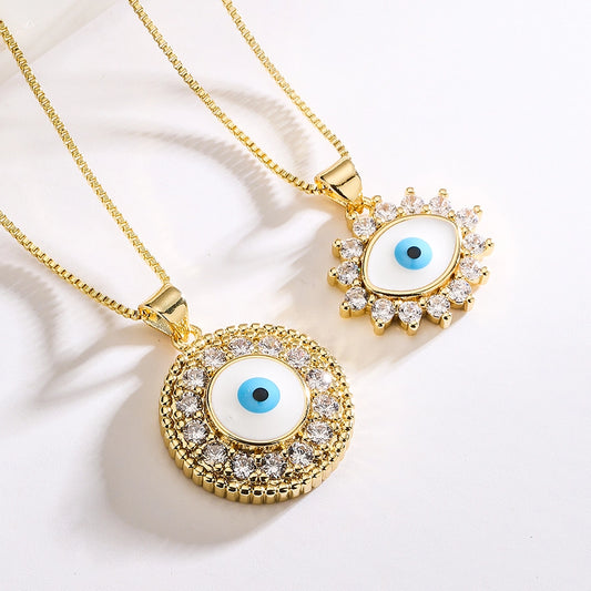 fashion devil's eye copper inlay zircon pendant necklace