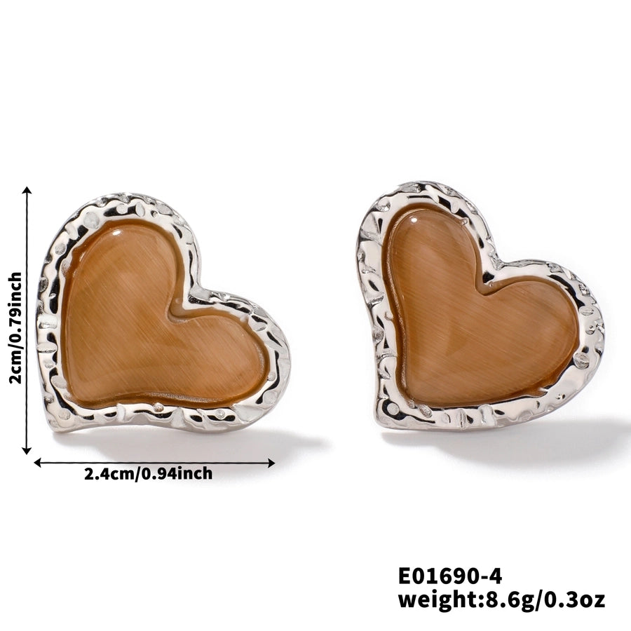 1 Pair Glam Sweet Simple Style Heart Shape Inlay 304 Stainless Steel Natural Stone K Gold Plated Rhodium Plated Ear Studs