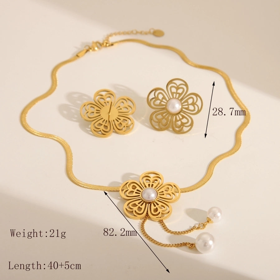 Jewelry IG Style French Style Romantic Flower 304 Stainless Steel Artificial Pearls 18K Gold Plated Hollow Out Jewelry Set