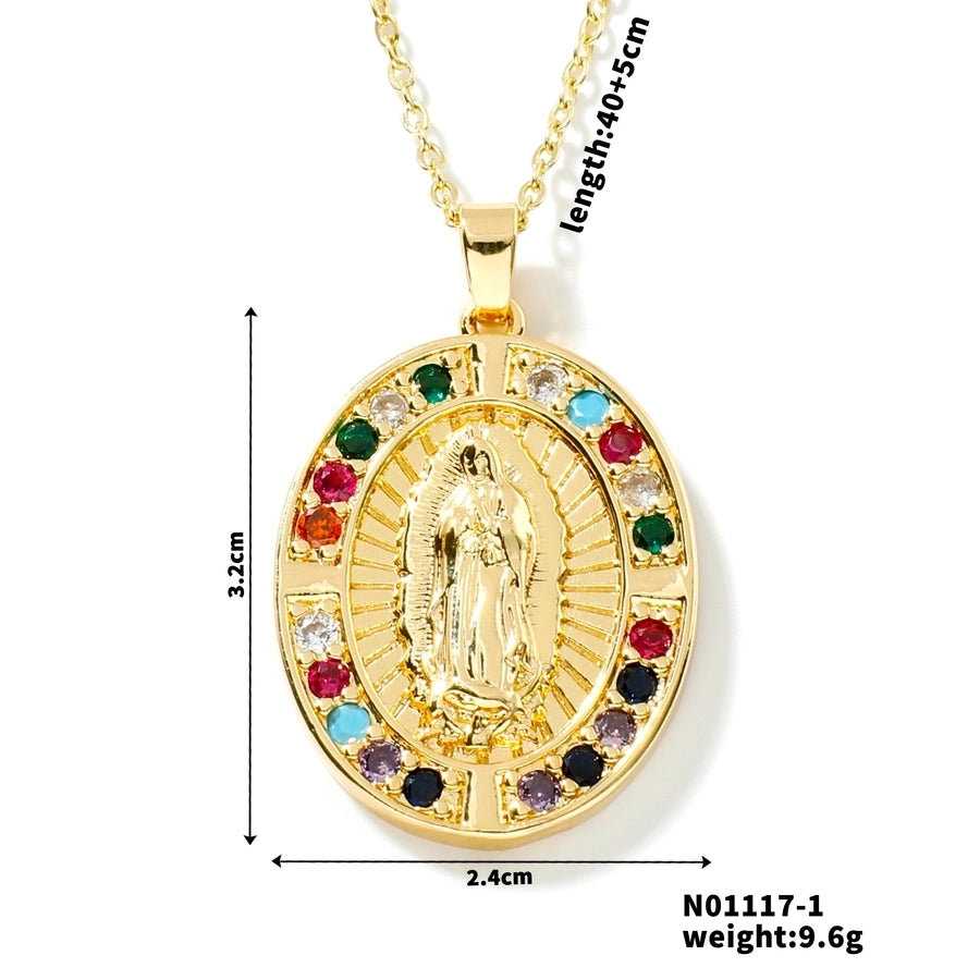 Jewelry Vintage Style Virgin Mary Oval Heart Shape 304 Stainless Steel Copper Zircon K Gold Plated Inlay Pendant Necklace