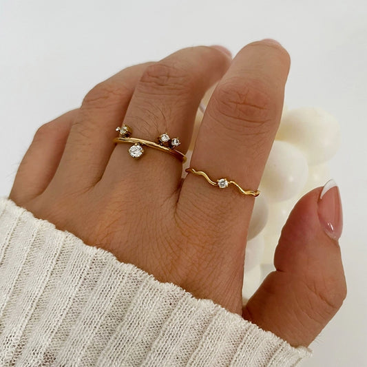 Jewelry Commute Korean Style Geometric 316L Stainless Steel  Zircon 18K Gold Plated Irregular Inlay Rings