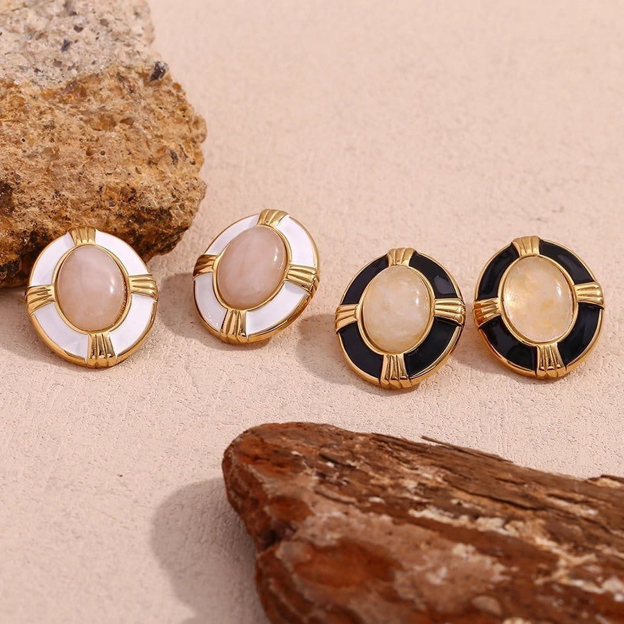 1 Pair Vintage Style Simple Style Classic Style Oval Plating Inlay 304 Stainless Steel Natural Stone 18K Gold Plated Ear Studs - CEJEW