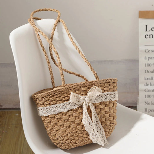 Women's Straw Bow Knot Vacation Weave Square String Shoulder Bag